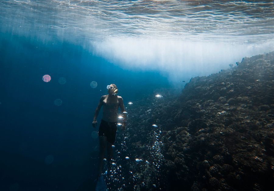 Freediver descending beside a coral-covered wall in Hawaiian water, the kind of drop-off divers find at Molokini crater