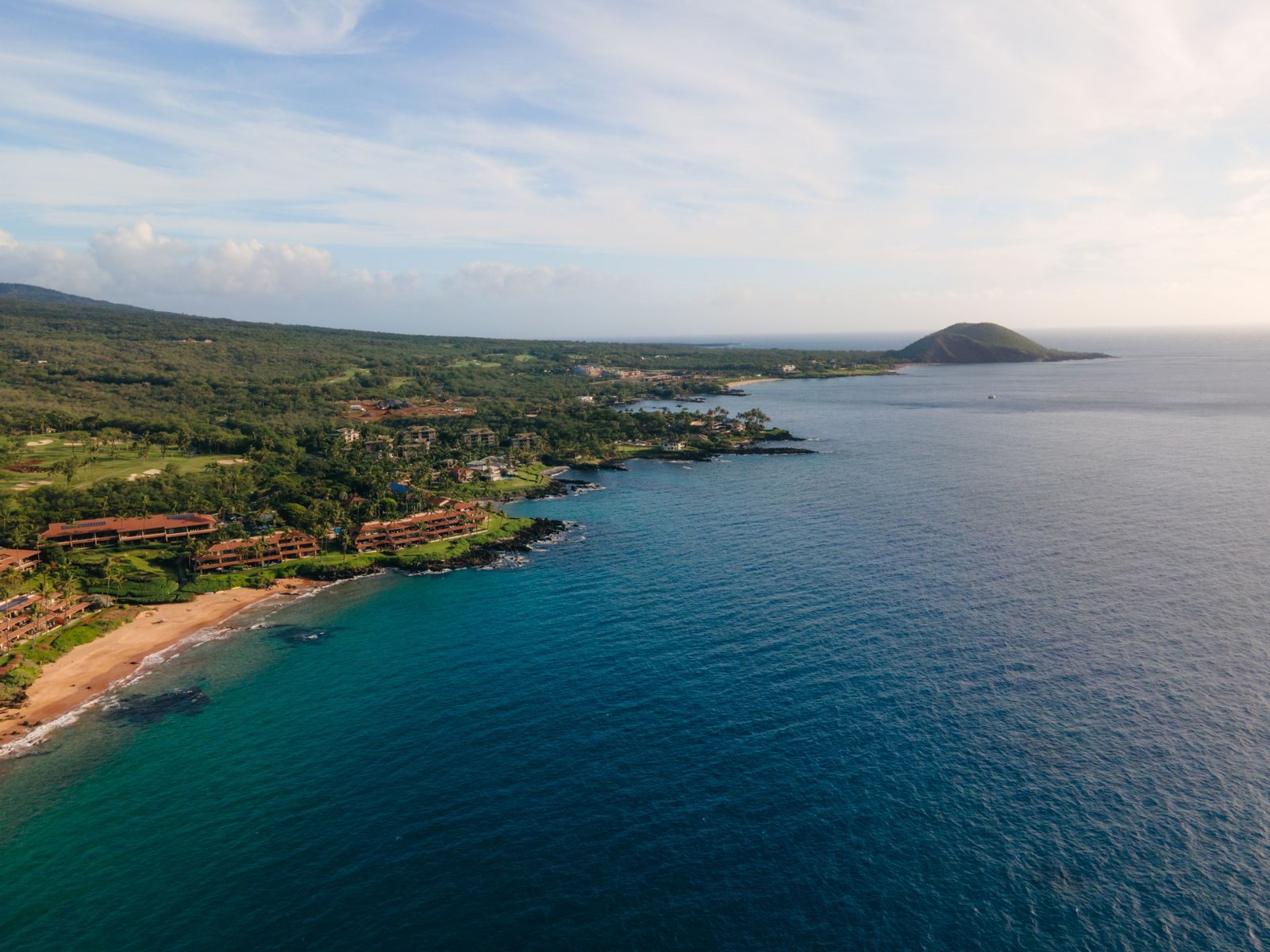 Aerial view of the Wailea-Makena coast on south Maui, facing the channel where Molokini crater lies